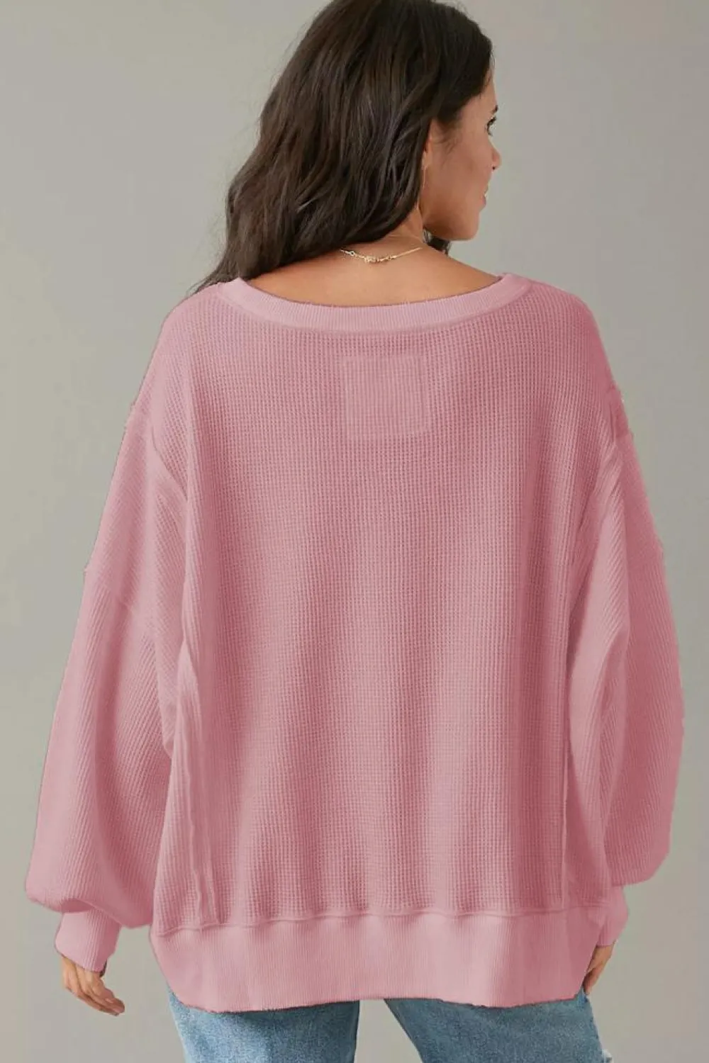 Hot Dear-Lover Waffle knit Bishop Sleeve Split Oversized Top Pink