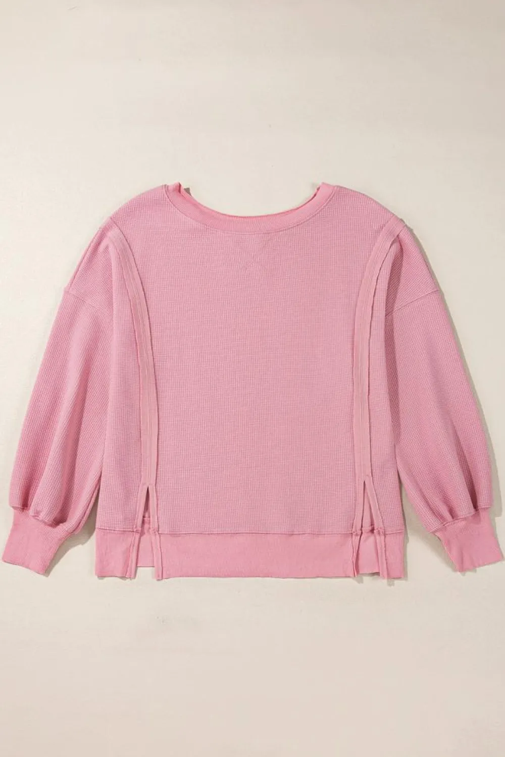 Hot Dear-Lover Waffle knit Bishop Sleeve Split Oversized Top Pink