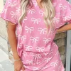 Clearance Dear-Lover Waffle Knit Bowknot Printed V Neck T Shirt and Shorts Set Pink
