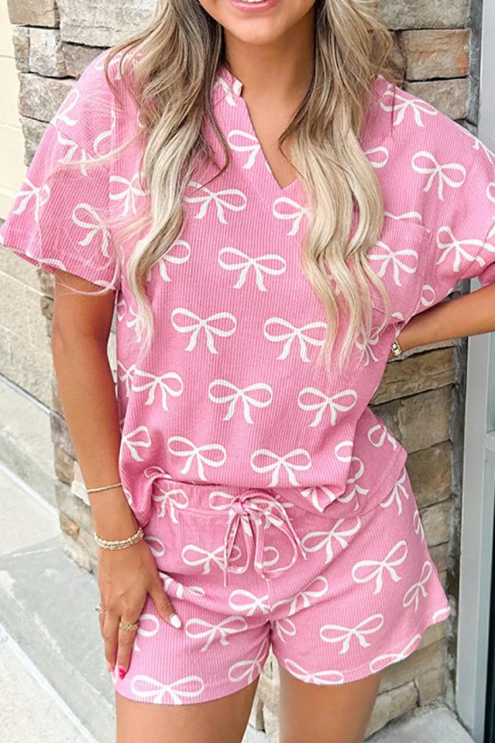 Clearance Dear-Lover Waffle Knit Bowknot Printed V Neck T Shirt and Shorts Set Pink