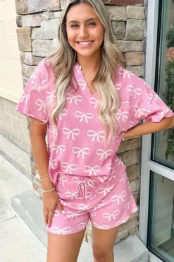 Clearance Dear-Lover Waffle Knit Bowknot Printed V Neck T Shirt and Shorts Set Pink