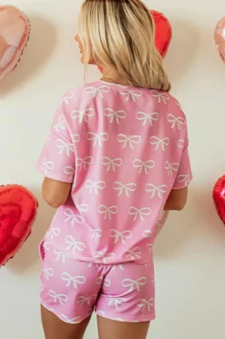 Clearance Dear-Lover Waffle Knit Bowknot Printed V Neck T Shirt and Shorts Set Pink