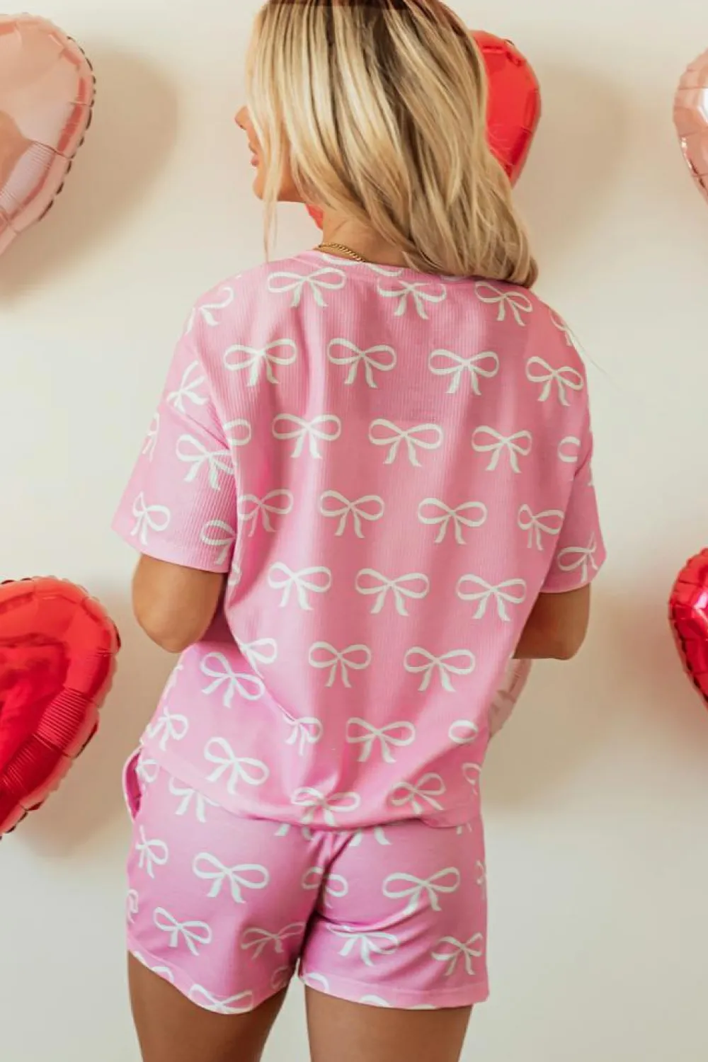Clearance Dear-Lover Waffle Knit Bowknot Printed V Neck T Shirt and Shorts Set Pink