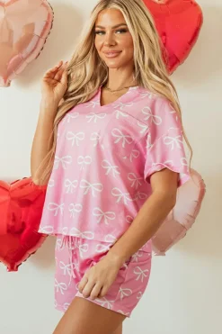Clearance Dear-Lover Waffle Knit Bowknot Printed V Neck T Shirt and Shorts Set Pink