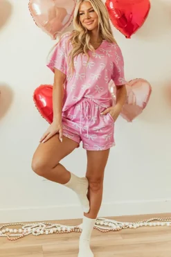Clearance Dear-Lover Waffle Knit Bowknot Printed V Neck T Shirt and Shorts Set Pink