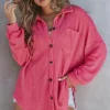 Discount Dear-Lover Waffle Knit Button Up Casual Shirt Pink