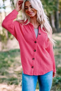 Discount Dear-Lover Waffle Knit Button Up Casual Shirt Pink