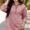 Clearance Dear-Lover Waffle Long Sleeve Collar Half Button Loose Top Pink