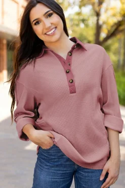 Clearance Dear-Lover Waffle Long Sleeve Collar Half Button Loose Top Pink