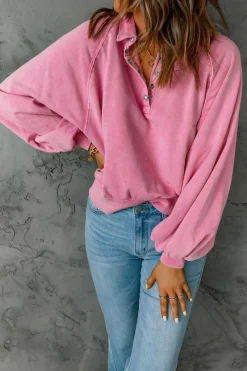 Hot Dear-Lover Washed Snap Buttons Lantern Sleeve Pullover Sweatshirt Pink