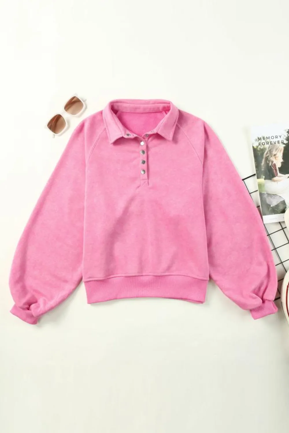 Hot Dear-Lover Washed Snap Buttons Lantern Sleeve Pullover Sweatshirt Pink