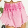 Outlet Dear-Lover Washed Wide Smocked Waistband Frayed Denim Shorts Pink