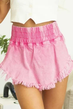 Outlet Dear-Lover Washed Wide Smocked Waistband Frayed Denim Shorts Pink