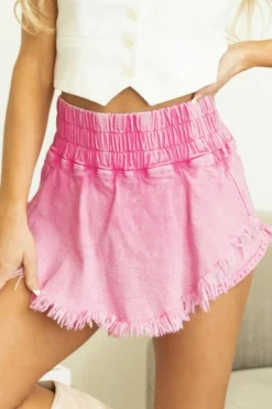 Outlet Dear-Lover Washed Wide Smocked Waistband Frayed Denim Shorts Pink