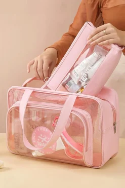 New Dear-Lover Waterproof Multi Pockets Transparent Travel Makeup Bag Pink