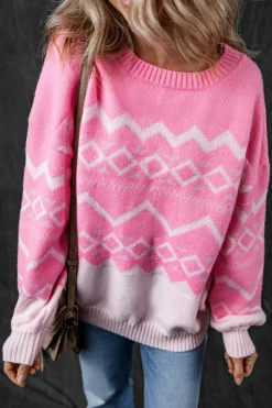 New Dear-Lover Western Aztec Geometric Drop Shoulder Sweater Pink