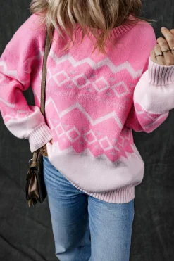 New Dear-Lover Western Aztec Geometric Drop Shoulder Sweater Pink