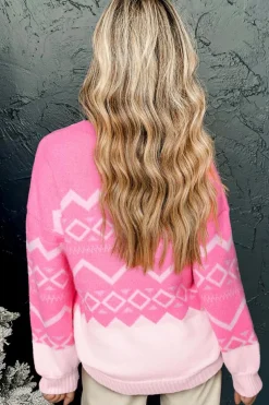 New Dear-Lover Western Aztec Geometric Drop Shoulder Sweater Pink