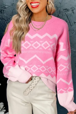 New Dear-Lover Western Aztec Geometric Drop Shoulder Sweater Pink