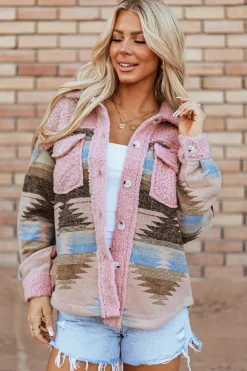 Sale Dear-Lover Western Aztec Print Sherpa Splicing Buttoned Flap Pocket Coat Pink