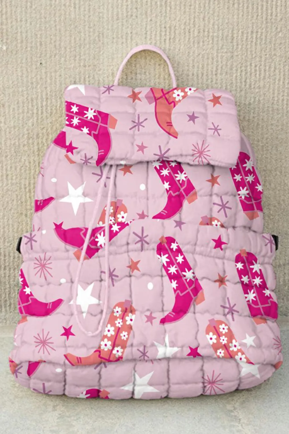 Online Dear-Lover Western Boots Stars Print Quilted Flap Large Backpack Pink