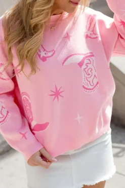 Best Dear-Lover Western Cowboy Boot Sweater Pink