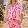 Clearance Dear-Lover Western Cowgirl Boots Printed Shirt Ruffled Shorts Pajama Set Pink