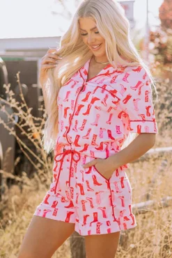 Clearance Dear-Lover Western Cowgirl Boots Printed Shirt Ruffled Shorts Pajama Set Pink