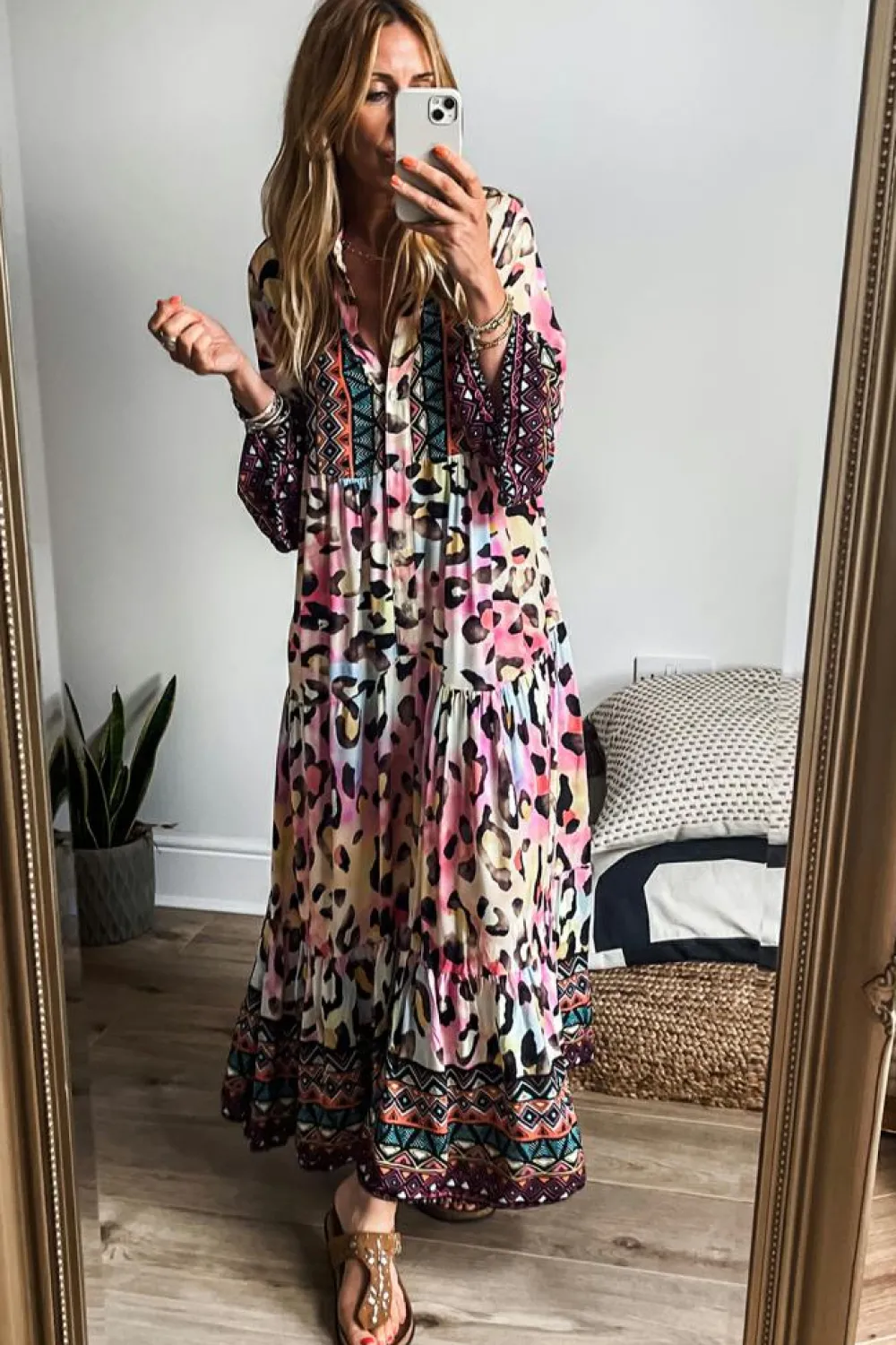 Discount Dear-Lover Western Leopard Printed 3/4 Sleeve Buttoned Front Tiered Maxi Dress Pink
