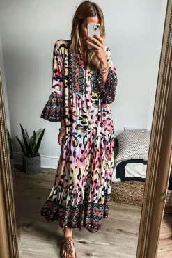 Discount Dear-Lover Western Leopard Printed 3/4 Sleeve Buttoned Front Tiered Maxi Dress Pink