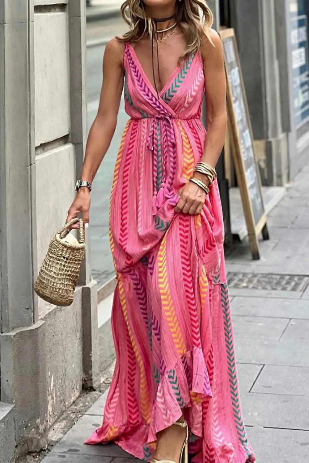 Fashion Dear-Lover Western Printed Tassel Tie V Neck Wrap Maxi Dress Pink