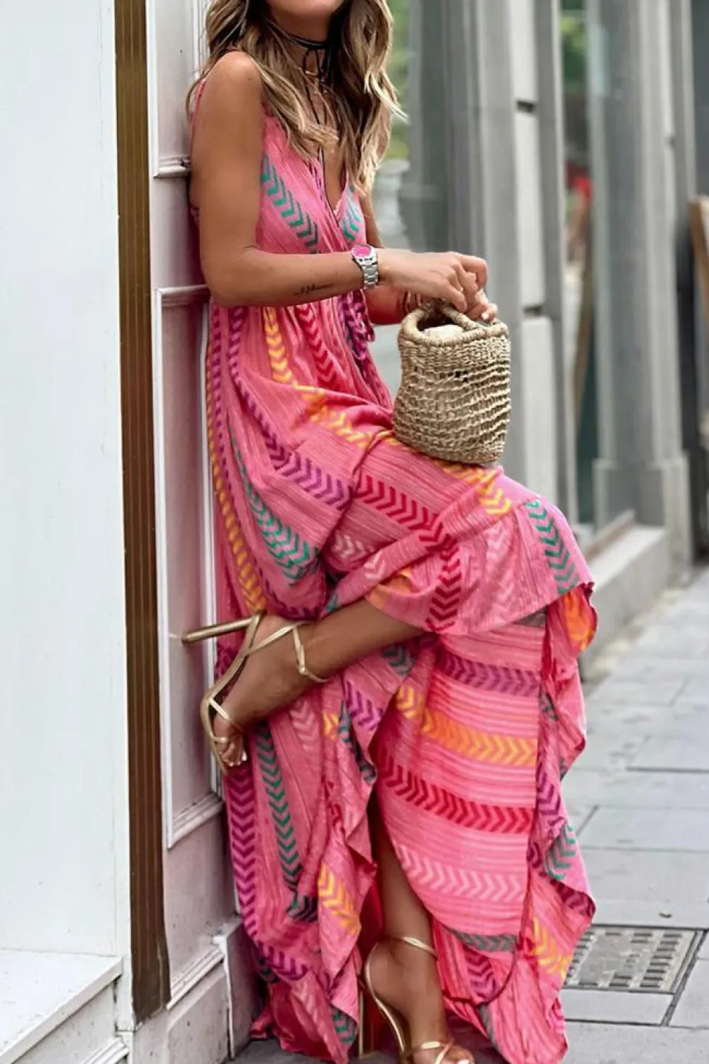 Fashion Dear-Lover Western Printed Tassel Tie V Neck Wrap Maxi Dress Pink