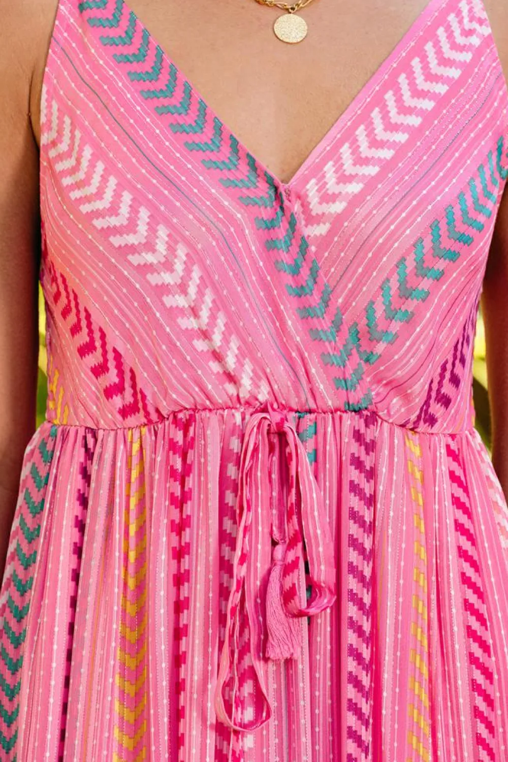 Fashion Dear-Lover Western Printed Tassel Tie V Neck Wrap Maxi Dress Pink
