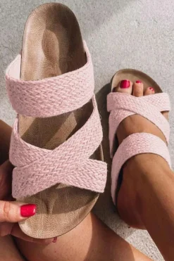 Fashion Dear-Lover Woven Cross Criss Hollowed Slip-On Slippers Pink