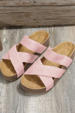 Fashion Dear-Lover Woven Cross Criss Hollowed Slip-On Slippers Pink