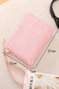 Clearance Dear-Lover Woven Zipper Wrist Strap Square Handbag Pink