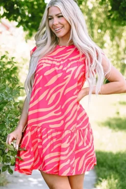 Best Dear-Lover Zebra Stripe Printed Ruffle Trim Pocketed Dress Pink