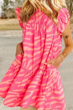 Best Dear-Lover Zebra Stripe Printed Ruffle Trim Pocketed Dress Pink