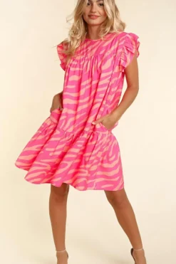 Best Dear-Lover Zebra Stripe Printed Ruffle Trim Pocketed Dress Pink