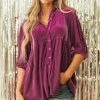 Online Dear-Lover 3/4 Sleeve Tunic Babydoll Velvet Shirt Pitaya Pink