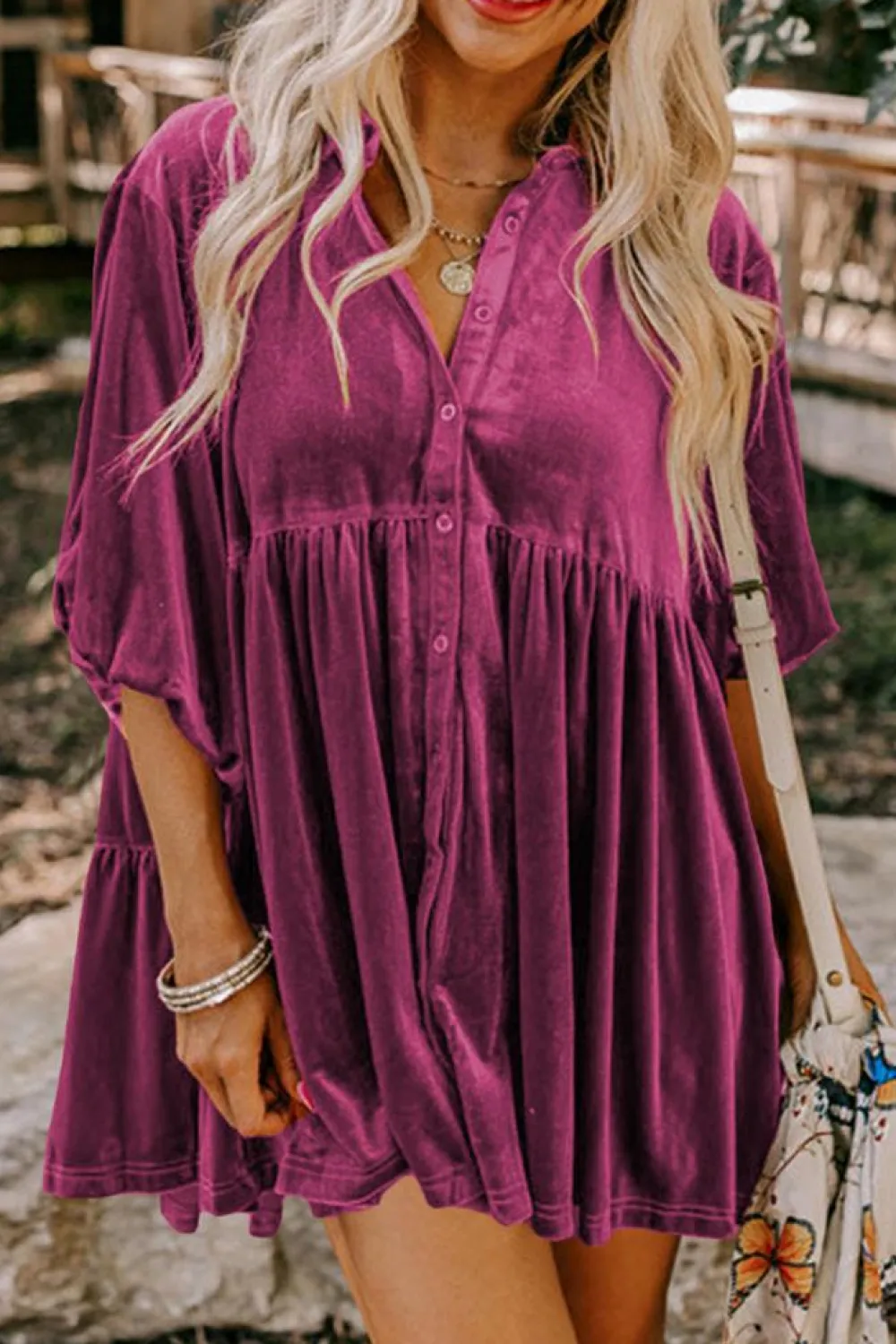 Online Dear-Lover 3/4 Sleeve Tunic Babydoll Velvet Shirt Pitaya Pink