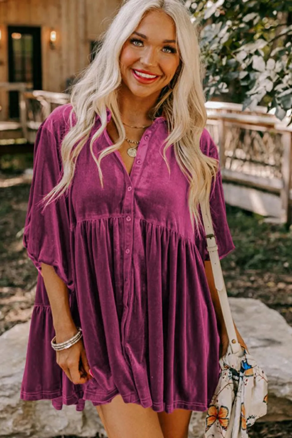 Online Dear-Lover 3/4 Sleeve Tunic Babydoll Velvet Shirt Pitaya Pink