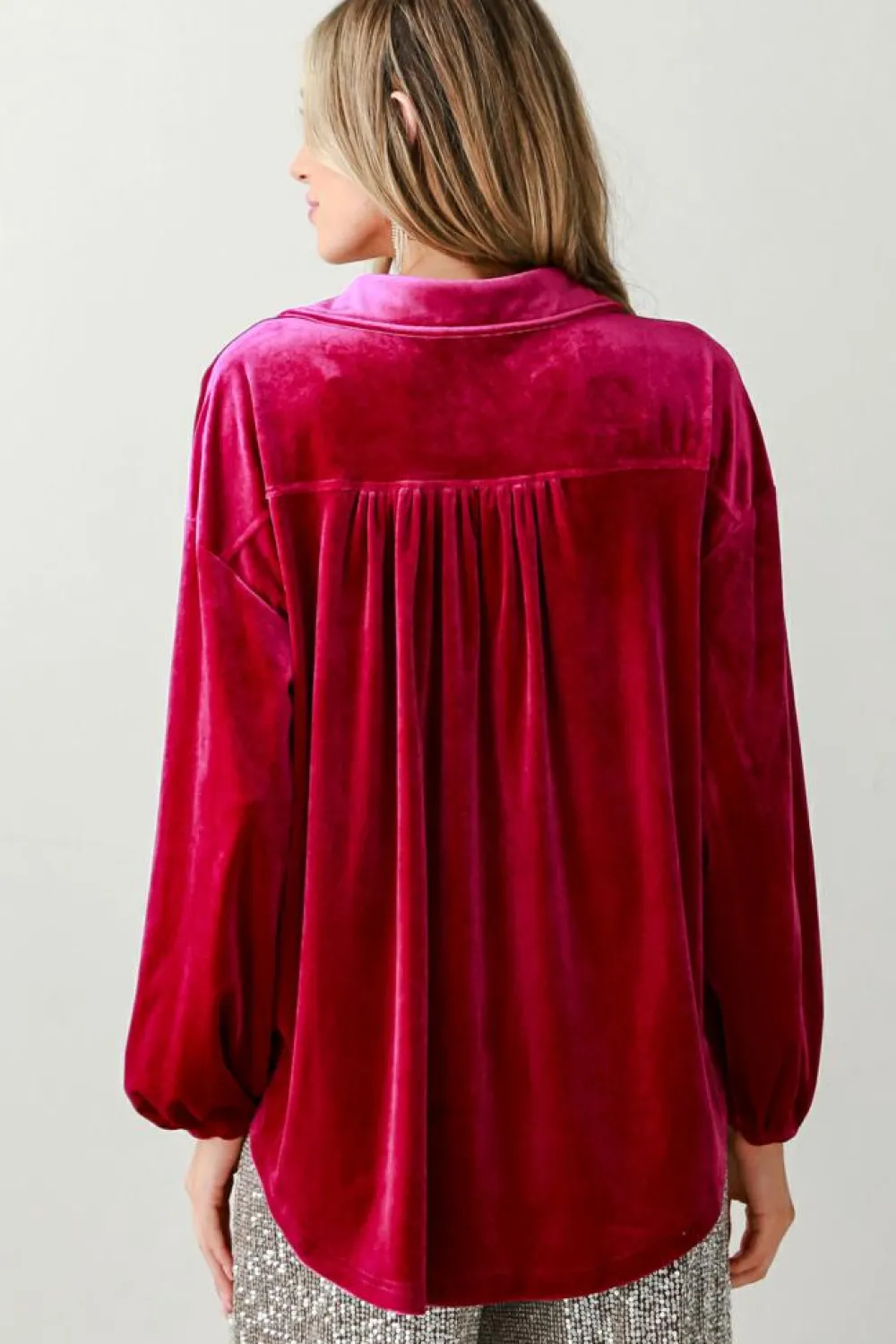 Hot Dear-Lover Buttoned V Neck Chest Pocket Velvet Shirt Pitaya Pink
