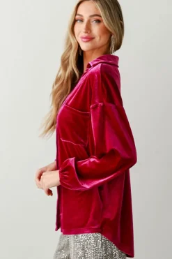 Hot Dear-Lover Buttoned V Neck Chest Pocket Velvet Shirt Pitaya Pink