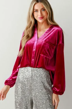 Hot Dear-Lover Buttoned V Neck Chest Pocket Velvet Shirt Pitaya Pink