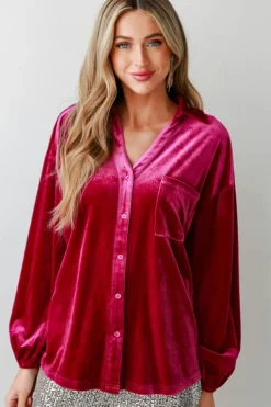 Hot Dear-Lover Buttoned V Neck Chest Pocket Velvet Shirt Pitaya Pink