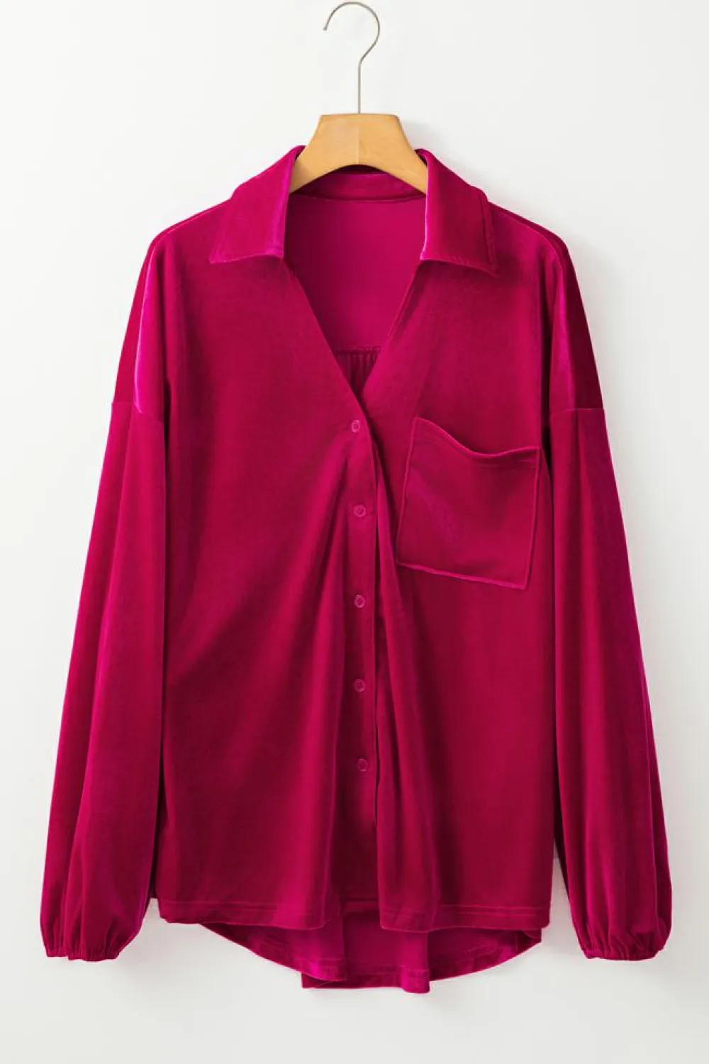 Hot Dear-Lover Buttoned V Neck Chest Pocket Velvet Shirt Pitaya Pink