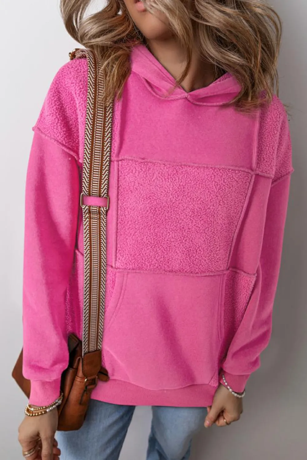 Hot Dear-Lover Mineral Wash Terry Patchwork Drawstring Hoodie Pitaya Pink