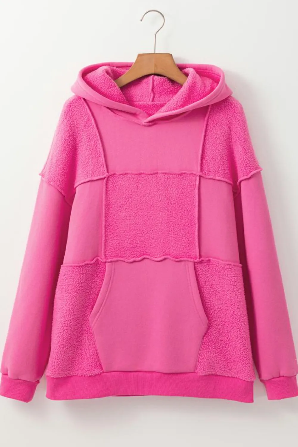 Hot Dear-Lover Mineral Wash Terry Patchwork Drawstring Hoodie Pitaya Pink