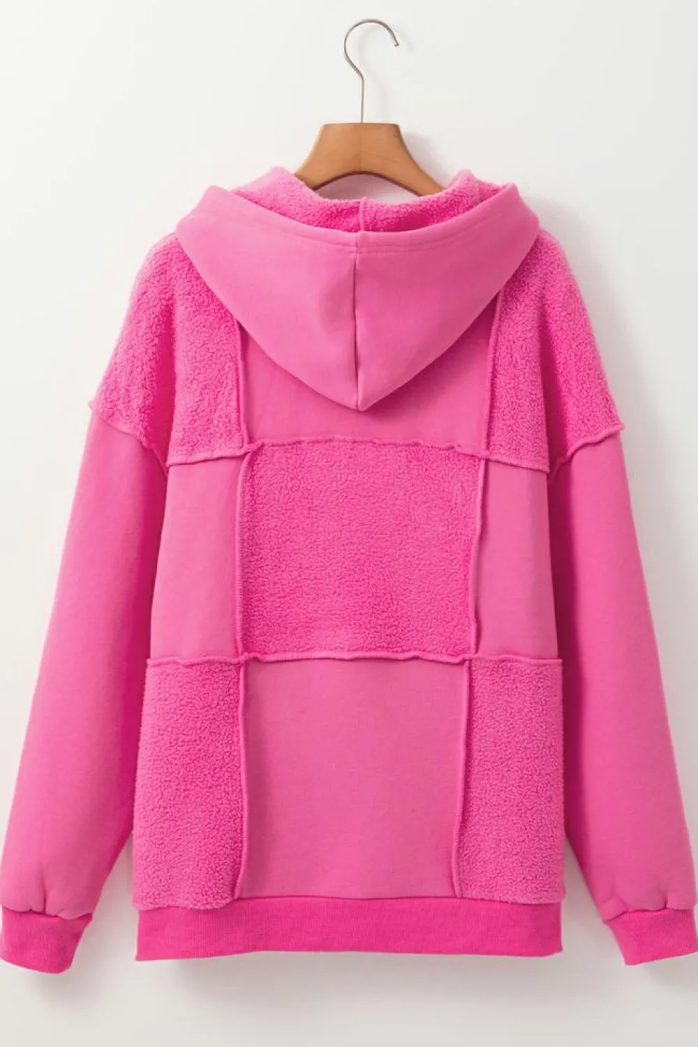 Hot Dear-Lover Mineral Wash Terry Patchwork Drawstring Hoodie Pitaya Pink